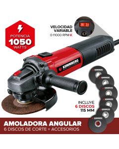 KOMMBERG AMOLADORA ANGULAR 115MM 1050W 11000RPM VEL VAR + 6 DISCOS 