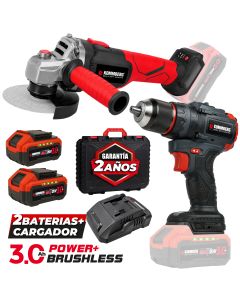 Combo Taladro Inalámbrico + Amoladora Kommberg Brushless 2 Baterías + Cargador + Maletín