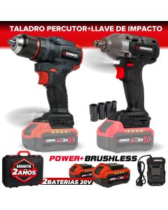 Combo Llave Impacto + Taladro Inalámbrico 2 Baterías 20v, Cargador Kommberg Brushless En Maletín