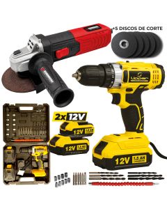 Combo Taladro Percutor 12v2b + Amoladora Ang 115mm 750w con 5 discos de corte