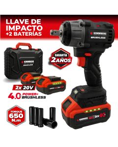 Llave Impacto Kommberg Brushless Inalámbrica 650 N.m + 2 Baterías 20v 4.0ah + Maletín + 5 Tubos Impacto Negro