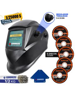 Máscara Fotosensible Soldar Kommberg 1/25000s 9 a 13 Din + 5 Discos 115mm + Soporte Magnético + Electrodos