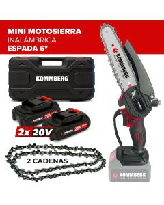 Motosierra Mini Kommberg 6 Pulgadas Inalámbrica Con 2 Cadenas + Maletín 